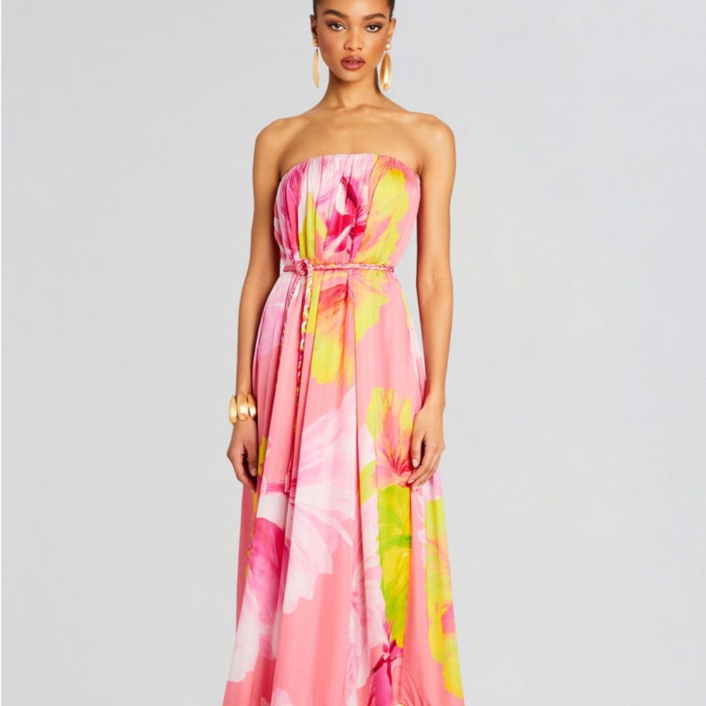 Retrofete Pink Floral Strapless Maxi Dress with Yellow Accents